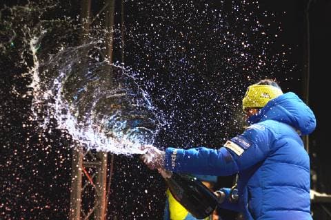 Award ceremony after the womens Biathlon World Cup sprint races 10 01 2019 and the mens sprint races 11 01 2019 Lisa Vittozzi ITA celebrates her first World Cup victory at the award ceremony with a champagne shower she sprays the champagne towards the spectators Oberhof Thuringia Germany
