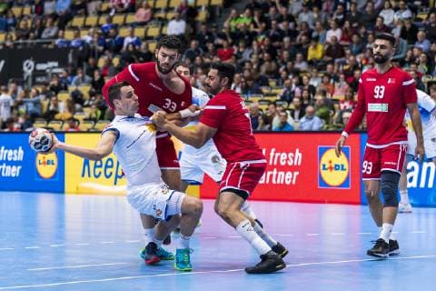 Munich Germany 11 January 2019 World Cup 2019 Men Group B Bahrain vs Spain vs Adrian Figueras Spain Hasan Madan Bahrain Jasmin Alsalatna Bahrain Munich Olympic Hall Bayern Germany