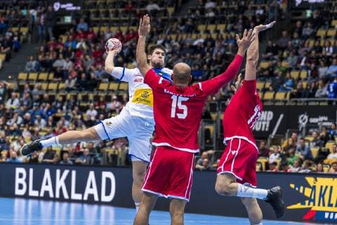 Munich Germany 11 January 2019 World Cup 2019 Men Group B Bahrain vs Spain vs Daniel Dujshebaev Spain Mohamed Abdulredha Bahrain Jasmin Alsalatna Bahrain Munich Olympic Hall Bayern Germany