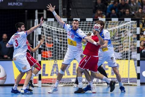 Munich Germany 11 January 2019 World Cup 2019 Men Group B Bahrain vs Spain vs Eduardo Gurbindo Spain Gedeon Guardiola Spain Rhine Neckar Loewen Jasmin Alsalatna Bahrain Munich Olympic Hall Bavaria Germany