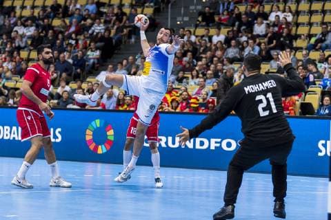 Munich Germany 11 January 2019 World Cup 2019 Men Group B Bahrain vs Spain vs Mohamed Merza Bahrain Gedeon Guardiola Spain Rhein Neckar Loewen Torhueter Mohamed A Husain Bahrain Munich Olympic Hall Bayern Germany