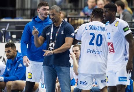 Head Coach Didier Dinart FRA with Ludovic Fabregas 23 FRA Cedric Sorhaindo 20 FRA and Dika Mem 10 FRA Preliminaries Group A Brazil France at the Mercedes Benz Arena in Berlin Germany 11 01 2019 IHF Mens Handball World Championship Germany and Denmark 2019