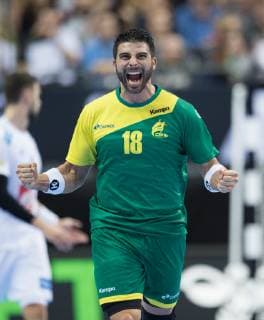 Felipe Borges 18 BRA celebrates preliminary round match Group A Brazil France in the Mercedes Benz Arena in Berlin Germany on 11 01 2019 IHF Handball World Championship of Men in Germany and Denmark 2019
