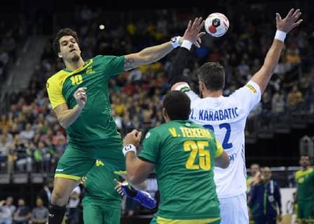 vl Jose Toledo 10 BRA Viniccius Teixeira 25 BRA and Luka Karabatic 22 FRA preliminary round match Group A Brazil France in the Mercedes Benz Arena in Berlin Germany on 11 01 2019 IHF Mens Handball World Championship in Germany and Denmark 2019