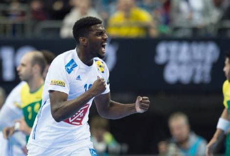 Dika Mem 10 FRA celebrates preliminary round match Group A Brazil France at Mercedes Benz Arena in Berlin Germany on 11 01 2019 IHF Handball World Championship of Men in Germany and Denmark 2019