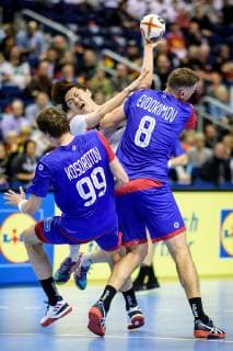 Russia vs Korea Handball World Championship 2019 12 01 2019 l r Sergei Mark Kosorotov RUS 99 Taehun Jo COR 9 and Egor Evdokimov RUS 8 at the match between Russia and Korea at the Handball World Championship in Berlin on 12 01 2019 Berlin BER Germany Mercedes Benz Arena