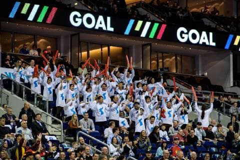 Russia vs. Korea Handball World Championship 2019 12 01 2019 Fans from Korea cheering on goals at the match between Russia and Korea at the Handball World Championship in Berlin on 12 01 2019 Berlin BER Germany Mercedes Benz Arena