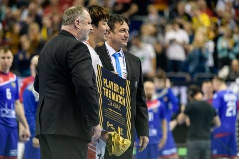 Russia vs. Korea Handball World Championship 2019 12 01 2019 Dongmyung Kim COR 15 will be elected player of the match after the match between Russia and Korea at the Handball World Championship in Berlin on 12 01 2019 Berlin BER Germany Mercedes Benz Arena