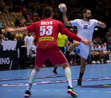 Handball WM Austria Chile on 12 01 2019 in the Jyske Bank Boxen in Herning Mykola BILYK Austria left Emil Feuchtmann Chile right xMNx