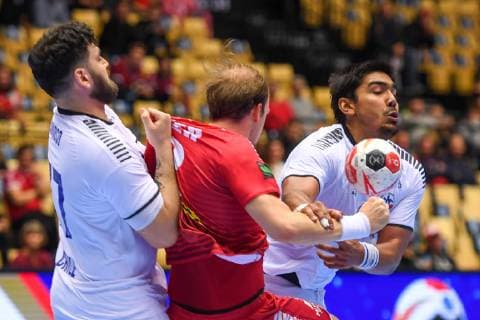 Handball WM, Österreich - Chile HANDBALL - IHF WC, AUT vs CHI HERNING,DENMARK,12.JAN.19 - HANDBALL - IHF Men s World Championships, international match Länderspiel Austria vs Chile. Image shows Victor Donoso (CHI), Gerald Zeiner (AUT) and Javier Frelijj (CHI). GEPAxpictures xOliverxLerch