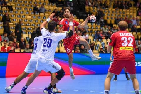 HANDBALL - IHF WC, AUT vs CHI HERNING,DENMARK,12.JAN.19 - HANDBALL - IHF Men s World Championships, international match Länderspiel Austria vs Chile. Image shows Javier Frelijj, Marco Oneto (CHI), Boris Zivkovic and Gerald Zeiner (AUT). GEPAxpictures xOliverxLerch
