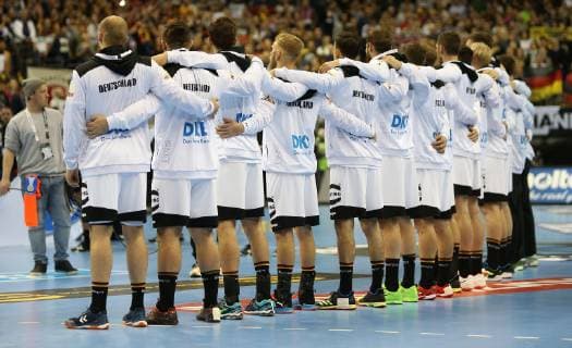 Team Germany at national anthem before the start of the match Germany against Brazil the Handball World Championship 2019 the Men on 12 01 2019 in the Mercedes Benz Arena in Berlin Handball World Championship 2019 Group A Germany Brazil Brazil