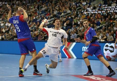 12 01 2019 Handball IHF World Championship Denmark and Germany 2019 Preliminary round Group A Russia Korea in the Mercedes Benz Arena Berlin L R Egor Evdokimov Russia against Dongmyung Kim Korea Alexander Shkurinskiy Russia