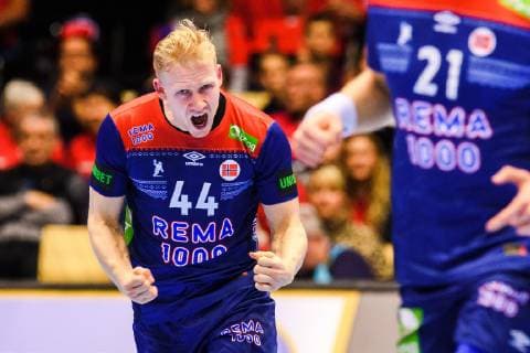 190112 Kevin Gulliksen of Norway celebrates during the IHF World Handball Championship match between Norway and Saudi Arabia on January 12 2019 in Herning Photo Jon Olav Nesvold BILDBYR u0081N kod JE 160396, detectedSourceLanguage  Copyright: JONxOLAVxNESVOLD BB190112JE084