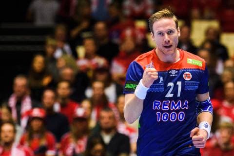 190112 Magnus Gullerud Motalas celebrates during the IHF World Handball Championship match between Norway and Saudi Arabia on January 12 2019 in Herning Photo Jon Olav Nesvold BILDBYR N code JE 160396, detectedSourceLanguage  Copyright: JONxOLAVxNESVOLD BB190112JE087