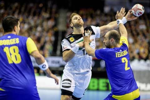 Germany vs Brazil Handball World Championship 2019 12 01 2019 l r Felipe Borges BRA 18 Steffen Weinhold GER 17 and Henrique Teixeira BRA 2 at the match between Germany and Brazil at the Handball World Championship in Berlin on 12 01 2019 Berlin BER Germany Mercedes Benz Arena