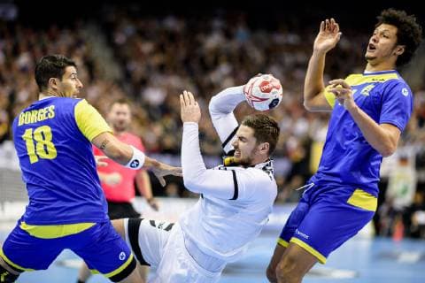 Germany vs Brazil Handball World Championship 2019 12 01 2019 l r Felipe Borges BRA 18 Hendrik Pekeler GER 13 and Thiagus Petrus Santos BRA 14 at the match between Germany and Brazil at the Handball World Championship in Berlin on 12 01 2019 Berlin BER Germany Mercedes Benz Arena