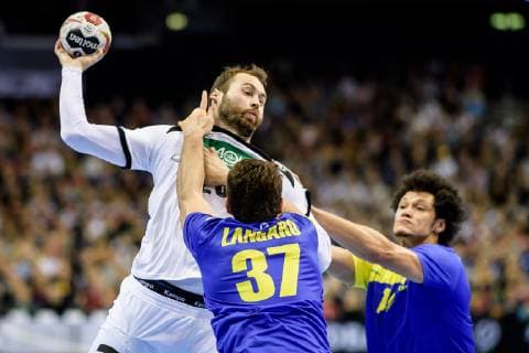 Germany vs Brazil Handball World Championship 2019 12 01 2019 Steffen Faeth GER 23 against Haniel Langaro BRA 37 and Thiagus Petrus Santos BRA 14 at the match between Germany and Brazil at the Handball World Championship in Berlin on 12 01 2019 Berlin BER Germany Mercedes Benz Arena