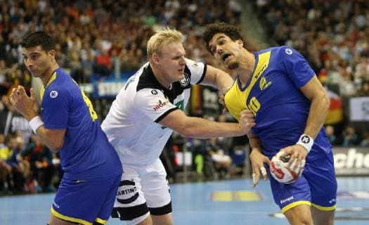 Patrick Wiencek Germany vs. Jose Toledo Brazil in the match Germany vs. Brazil the Handball World Championship 2019 the Men on 12 01 2019 in the Mercedes Benz Arena in Berlin Handball World Championship 2019 Group A Germany Brazil