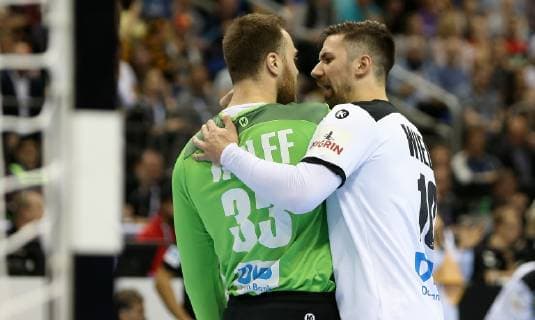 Andreas Wolff Germany is embraced by Fabian Wiede Germany in the game Germany against Brazil the Handball World Championship 2019 the Men on 12 01 2019 in the Mercedes Benz Arena in Berlin Handball World Championship 2019 Group A Germany Brazil