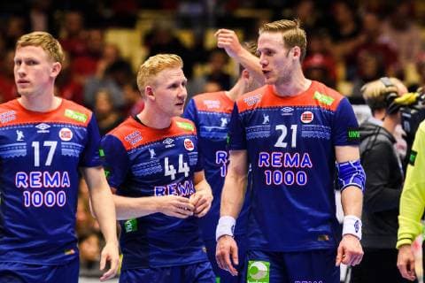 190112 Kevin Gulliksen and Magnus Gullerud of Norway celebrate after the IHF World Handball Championship match between Norway and Saudi Arabia on January 12 2019 in Herning Photo Jon Olav Nesvold BILDBYR N code JE 160396, detectedSourceLanguage  Copyright: JONxOLAVxNESVOLD BB190112JE093