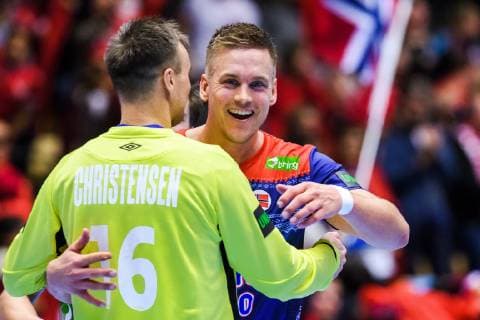 190112 Goalkeeper Espen Christensen and Espen Lie Hansen of Norway celebrates after the IHF World Handball Championship match between Norway and Saudi Arabia on January 12 2019 in Herning Photo Jon Olav Nesvold BILDBYR u0081N kod JE 160396, detectedSourceLanguage  Copyright: JONxOLAVxNESVOLD BB190112JE095