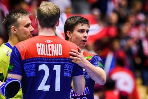 190112 Goalkeeper Espen Christensen and Magnus Gullerud of Norway celebrates after the IHF World Handball Championship match between Norway and Saudi Arabia on January 12 2019 in Herning Photo Jon Olav Nesvold BILDBYR u0081N kod JE 160396, detectedSourceLanguage  Copyright: JONxOLAVxNESVOLD BB190112JE096