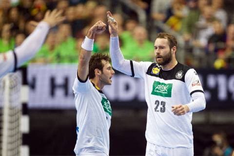 Handball Berlin 12 01 2019 World Championship 2019 Mens World Championship Group A Germany GER Brazil BRA Steffen Fäth Germany No 23 Faeth Fath Uwe Gensheimer Germany No 03 Jubel