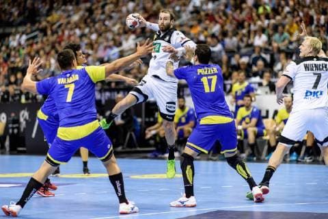 Germany vs Brazil Handball World Championship 2019 12 01 2019 l r Jose Toledo BRA 7 Steffen Faeth GER 23 Alexandro Pozzer BRA 17 and Patrick Wiencek GER 7 at the match between Germany and Brazil at the Handball World Championship in Berlin on 12 01 2019 Berlin BER Germany Mercedes Benz Arena