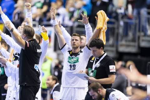 The German bank around Martin Strobel No 19 Germany is happy about a goal Germany vs Brazil preliminary round Handball IHF Handball World Championship 12 01 19 Berlin Berlin Germany Mercedes Benz Arena Copyright: xAgentur54Gradx xFelixxKoenigx