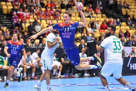 HANDBALL - IHF WC, NOR vs KSA HERNING,DENMARK,12.JAN.19 - HANDBALL - IHF Men s World Championships, international match Länderspiel Norway vs Saudi Arabia. Image shows Harald Reinkind (NOR), Abdullah Alhulaili (KSA), Magnus Rod (NOR) and Adnan Radnah (KSA). GEPAxpictures xOliverxLerch