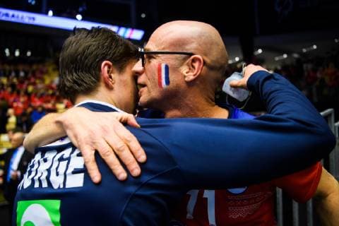 190112 Alexander Blonz of Norway celebrates with his father after the IHF World Handball Championship match between Norway and Saudi Arabia on January 12 2019 in Herning Photo Jon Olav Nesvold BILDBYR u0081N kod JE 160396, detectedSourceLanguage  Copyright: JONxOLAVxNESVOLD BB190112JE100