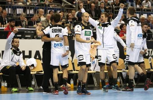 Jubilation on the bench of the German national team at the match Germany vs. Brazil of the Handball World Championship 2019 of the men on 12 01 2019 in the Mercedes Benz Arena in Berlin Handball World Championship 2019 Group A Germany Brazil