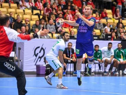 Handball WM, Norwegen - Saudi-Arabien HANDBALL - IHF WC, NOR vs KSA HERNING,DENMARK,12.JAN.19 - HANDBALL - IHF Men s World Championships, international match Länderspiel Norway vs Saudi Arabia. Image shows Mohammad Alsalem, Mohammed Alabas (KSA) and Petter Overby (NOR). GEPAxpictures xOliverxLerch