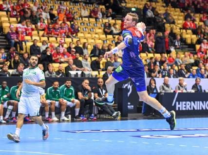 HANDBALL - IHF WC, NOR vs KSA HERNING,DENMARK,12.JAN.19 - HANDBALL - IHF Men s World Championships, international match Länderspiel Norway vs Saudi Arabia. Image shows Mohammed Alabas (KSA) and Magnus Gullerud (NOR). GEPAxpictures xOliverxLerch