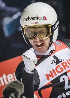 12.01.2019, Stadio del Salto, Predazzo, ITA, FIS Weltcup Skisprung, Val di Fiemme, Herren, 2. Wertungsdurchgang, im Bild Simon Ammann (SUI) Simon Ammann of Switzerland reacts after his 2nd Competition Jump for the Four Hills Tournament of FIS Ski jumping Skispringen Ski nordisch World Cup at the Stadio del Salto in Predazzo, Itali on 2019 01 12. Predazzo *** 12 01 2019 Stadio del Salto Predazzo ITA FIS World Cup Ski Jump Val di Fiemme Mens 2 round Simon Ammann SUI Simon Ammann of Switzerland reacts after his 2nd Competition Jump for the Four Hills Tournament of FIS Ski Jumping World Cup at the Stadio del Salto in Predazzo Itali on 2019 01 12 Predazzo  EX_FEI  