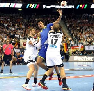 GER Germany vs Brazil 12 01 2019 Mercedes Benz Arena Berlin GER Germany vs Brazil in picture Hendrik Pekeler GER 13 Steffen Weinhold GER 17 Petrus Santos BRA 14 nordphotox xEngler nph00076