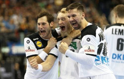 Jubilation after victory at Uwe Gensheimer Germany Matthias Musche Germany Fabian Wiede Germany at the match Germany against Brazil the Handball World Championship 2019 the men on 12 01 2019 in the Mercedes Benz Arena in Berlin Handball World Championship 2019 Group A Germany Brazil