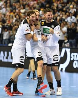 Uwe Gensheimer Germany Matthias Musche Germany and Fabian Wiede Germany cheer after the match Germany Brazil Germany Brasilia France IHF Handball World Championship 2019 Hanball World Championship 2019 Men Men Men Handball Germany Germany Preliminary Round Group A group A Berlin 12 1 2019