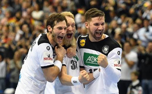 Uwe Gensheimer Germany Matthias Musche Germany and Fabian Wiede Germany cheer after the match Germany Brazil Germany Brasilia France IHF Handball World Championship 2019 Hanball World Championship 2019 Men Men Men Handball Germany Germany Preliminary Round Group A group A Berlin 12 1 2019
