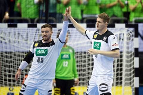 Handball Berlin 12 01 2019 World Championship 2019 Mens World Championship Group A Germany GER Brazil BRA Jannik Kohlbacher Germany No 48 Finn Lemke Germany No 06 Jubel
