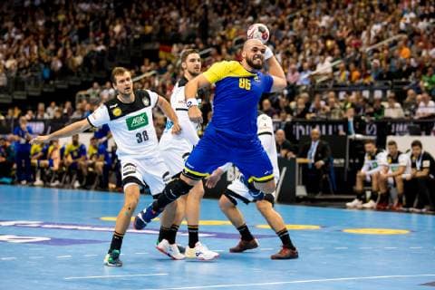 Berlin 12 January 2019 Handball IHF Men s World Championship 2019 Germany Brazil Fabian Böhm Germany 38 Gustavo Cesar Rodrigues Brazil 95