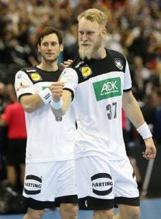 Jubilee at Team Germany Uwe Gensheimer and Matthias Musche after victory of the match Germany against Brazil of the Handball World Championship 2019 of the men on 12 01 2019 in the Mercedes Benz Arena in Berlin Handball World Championship 2019 Group A Germany Brazil