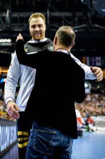 Germany vs Brazil Handball World Championship 2019 12 01 2019 Goalkeeper Andreas Wolff GER 33 with Bob Hanning at the match between Germany and Brazil at the Handball World Championship in Berlin on 12 01 2019 Berlin BER Germany Mercedes Benz Arena
