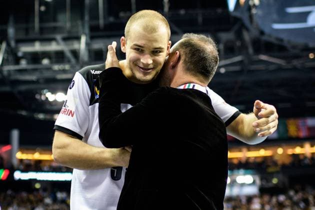Germany vs Brazil Handball World Championship 2019 12 01 2019 Paul Drux GER 95 and Bob Hanning at the match between Germany and Brazil at the Handball World Championship in Berlin on 12 01 2019 Berlin BER Germany Mercedes Benz Arena