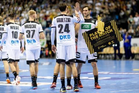Germany vs Brazil Handball World Championship 2019 12 01 2019 Uwe Gensheimer GER 3 and Patrick Groetzki GER 24 after the choice of the player of the match at the match between Germany and Brazil at the Handball World Championship in Berlin on 12 01 2019 Berlin BER Germany Mercedes Benz Arena