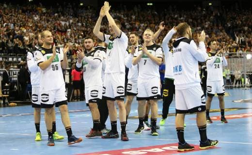 l r Jubilation at Team Germany Paul Drux Jannik Kohlbacher Finn Lemke Patrick Wiencek Patrick Groetzki after victory of the match Germany against Brazil the Handball World Championship 2019 the Men on 12 01 2019 in the Mercedes Benz Arena in Berlin Handball World Championship 2019 Group A Germany Brazil