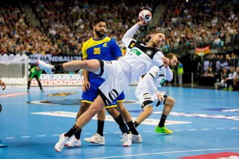 Berlin 12 January 2019 Handball IHF Men s World Championship 2019 Germany Brazil Hendrik Pekeler Germany 13 Thiago Alves Ponciano Brazil 35