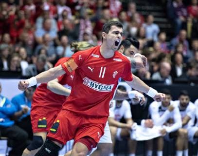 Rasmus Lauge of Denmark celebrates during the mens IHF Handball World Championship Group C match between Denmark and Tunisia in Herning Denmark Saturday Jan 12 2019 Herning Jutland Denmark, detectedSourceLanguage  Copyright: HenningxBagger HenningxBaggerx COP101 spdk20190112-202149-L