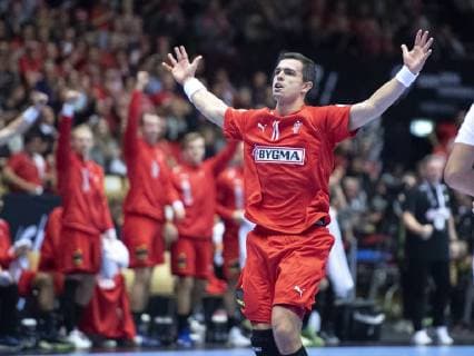 Rasmus Lauge of Denmark celebrates during the mens IHF Handball World Championship Group C match between Denmark and Tunisia in Herning Denmark Saturday Jan 12 2019 Herning Jutland Denmark, detectedSourceLanguage  Copyright: HenningxBagger HenningxBaggerx COP101 spdk20190112-202637-L